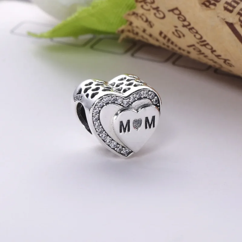 (bilde for) Pandora Mum heart silver charm with clear cubic zirconia - 792070CZ - Vis 3