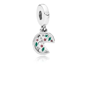 (bilde for) Pandora Pizza sølv dingler med klar cubic zirconia, bringebærrød krystall og grønn emalje - 797443CZ
