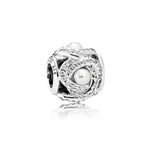 (bilde for) Pandora Ribbon silver charm with white crystal pearl and clear cubic zirconia - 792105WCP