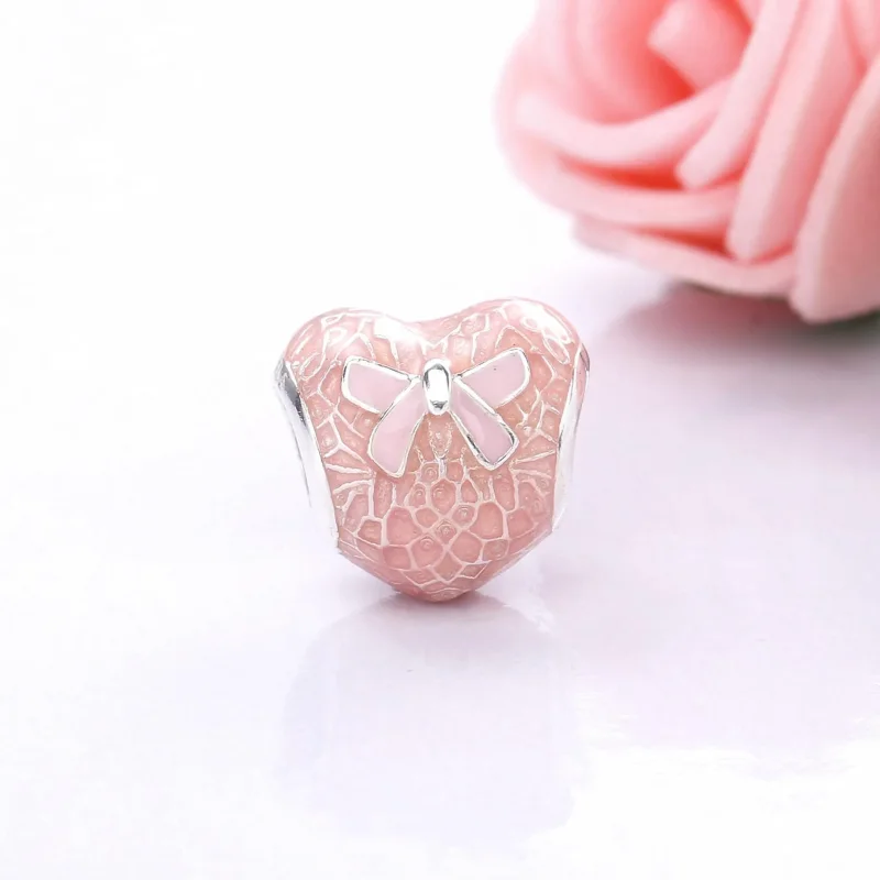(bilde for) PANDORA Rosa sløyfe Blondehjertesjarme, Transparent Misty Rose Myk Rosa Emalje - - Vis 2