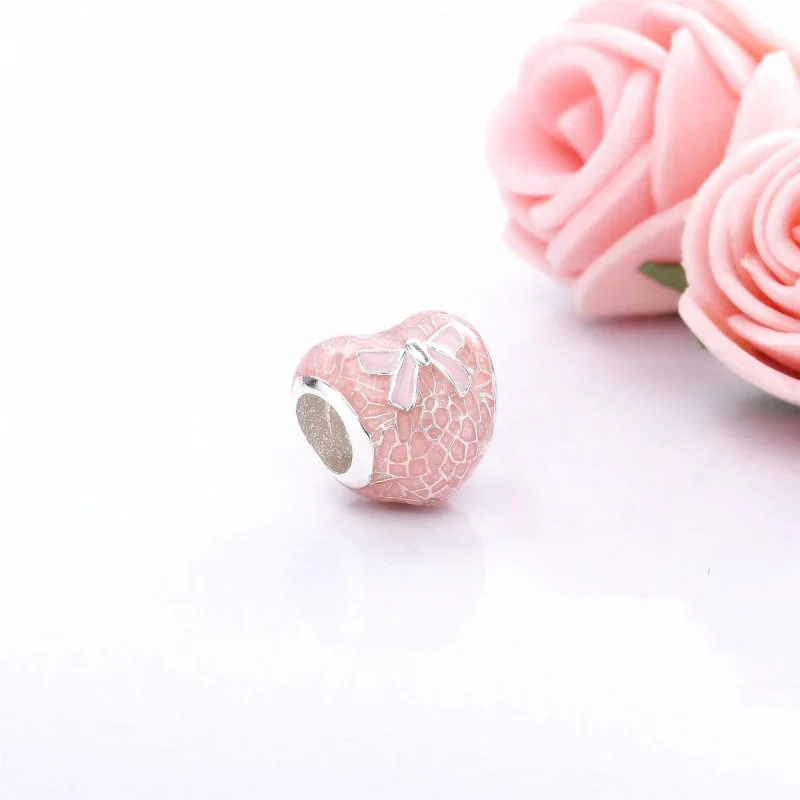 (bilde for) PANDORA Rosa sløyfe Blondehjertesjarme, Transparent Misty Rose Myk Rosa Emalje - - Vis 4