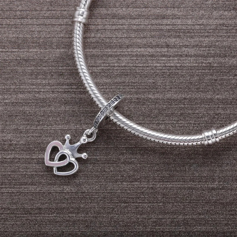 (bilde for) Pandora Sammenlåste kronede hjerter sølv dingler med klar cubic zirconia og rosa - Vis 3
