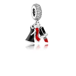 (bilde for) Pandora Sko, kjole og leppestift sølv dingler med klare cubic zirconia, rød og svart emalje - 792156ENMX