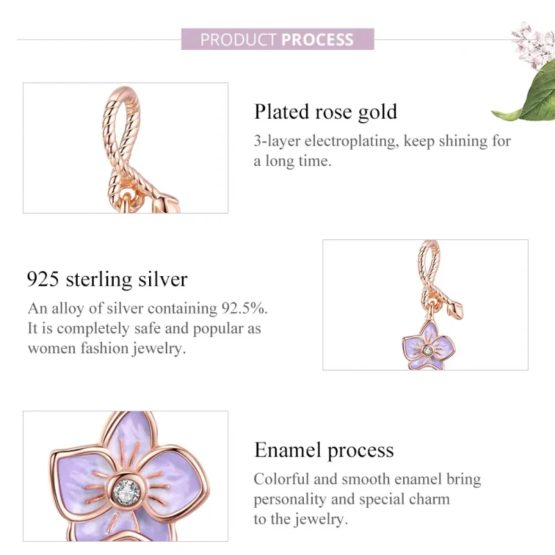(bilde for) Pandora Style Rose Gold Orchid Dingle - BSC287 - Vis 8