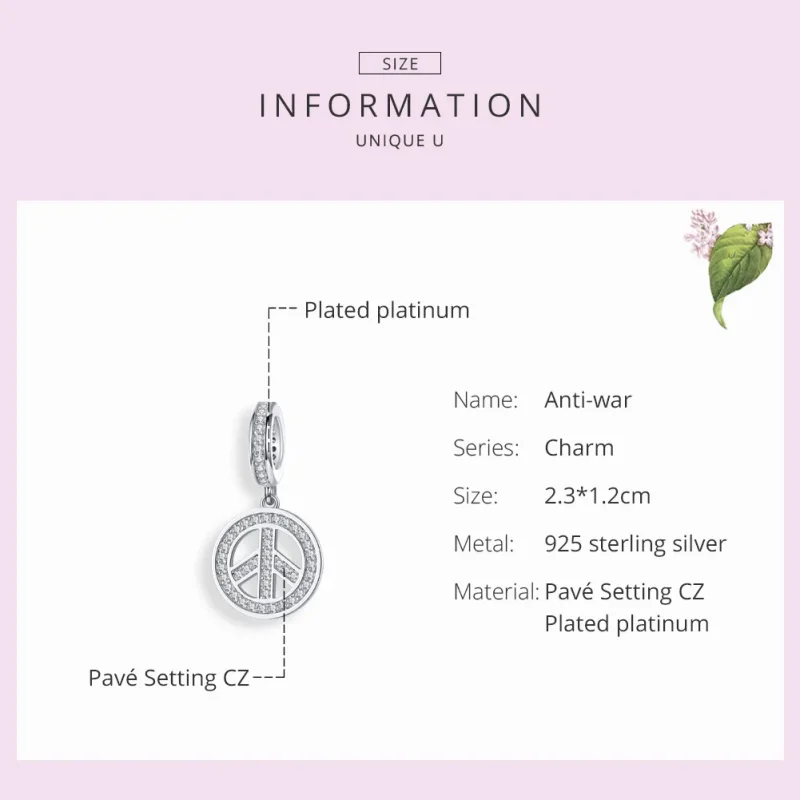 (bilde for) Pandora Style Silver Anti-War Dangle - SCC1367 - Vis 6