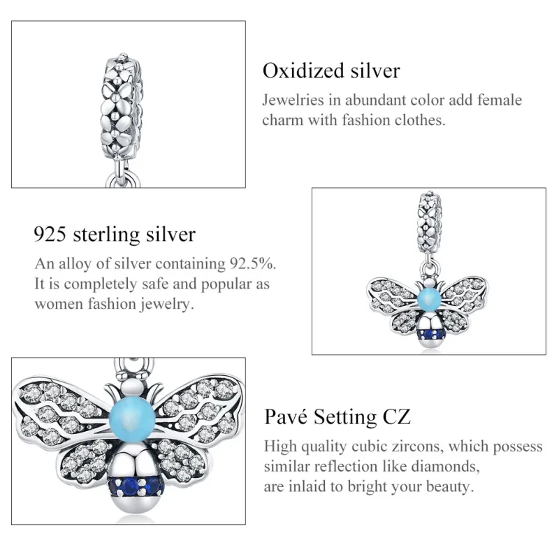 (bilde for) Pandora Style Silver Blue Bee Dangle - SCC1480 - Vis 7