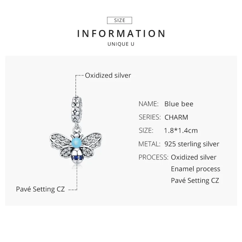 (bilde for) Pandora Style Silver Blue Bee Dangle - SCC1480 - Vis 8