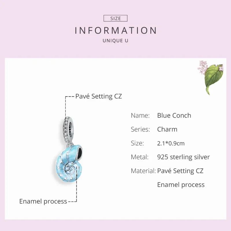 (bilde for) Pandora Style Silver Blue Conch Dangle - SCC1560 - Vis 7