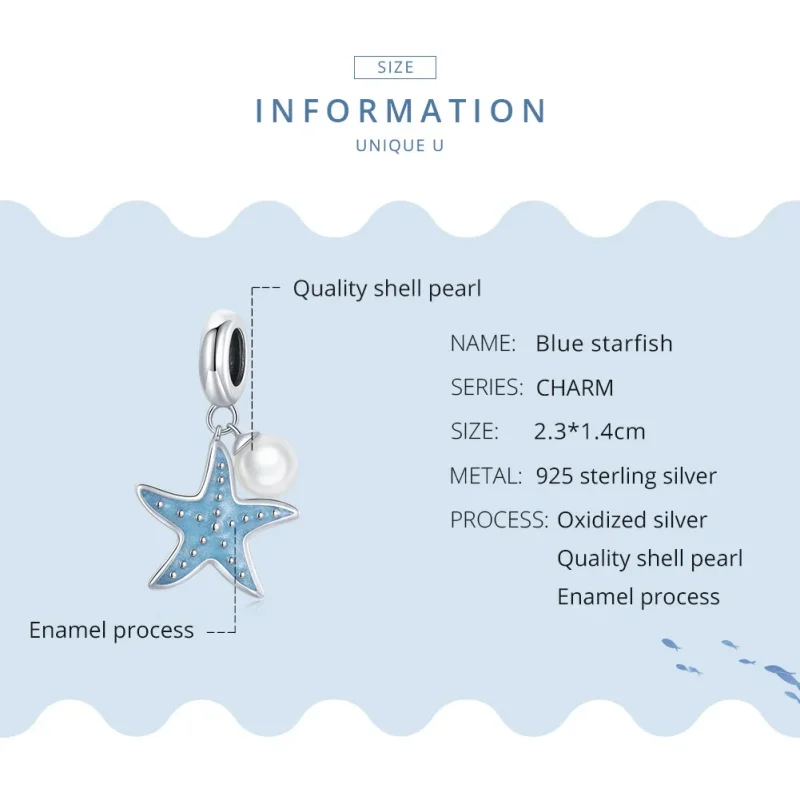 (bilde for) Pandora Style Silver Blue Starfish Dangle - SCC1807 - Vis 8