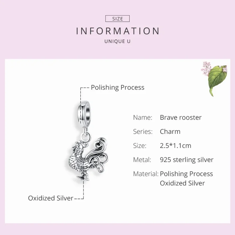 (bilde for) Pandora Style Silver Brave Rooster Dangle - SCC1337 - Vis 7