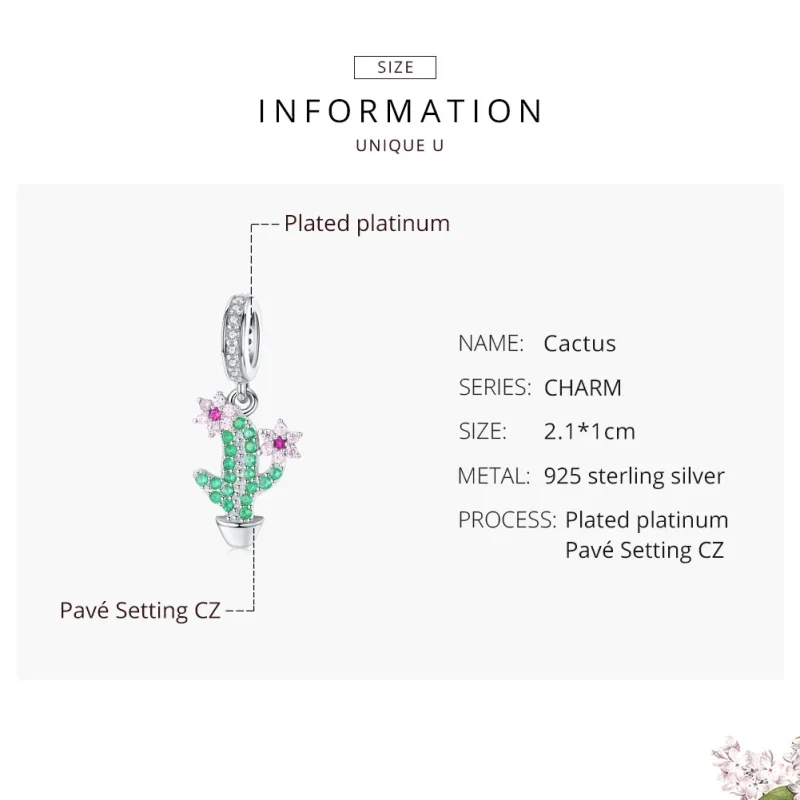 (bilde for) Pandora Style Silver Cactus Dangle - BSC121 - Vis 6