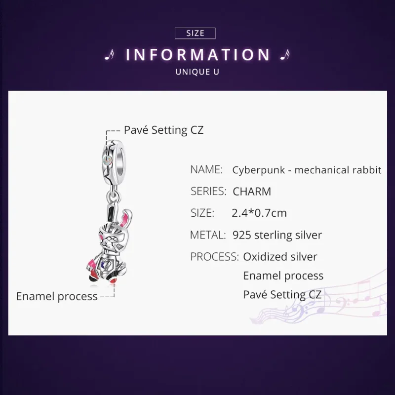 (bilde for) Pandora Style Silver Cyberpunk - Mechanical Rabbit Dangle - SCC1841 - Vis 6