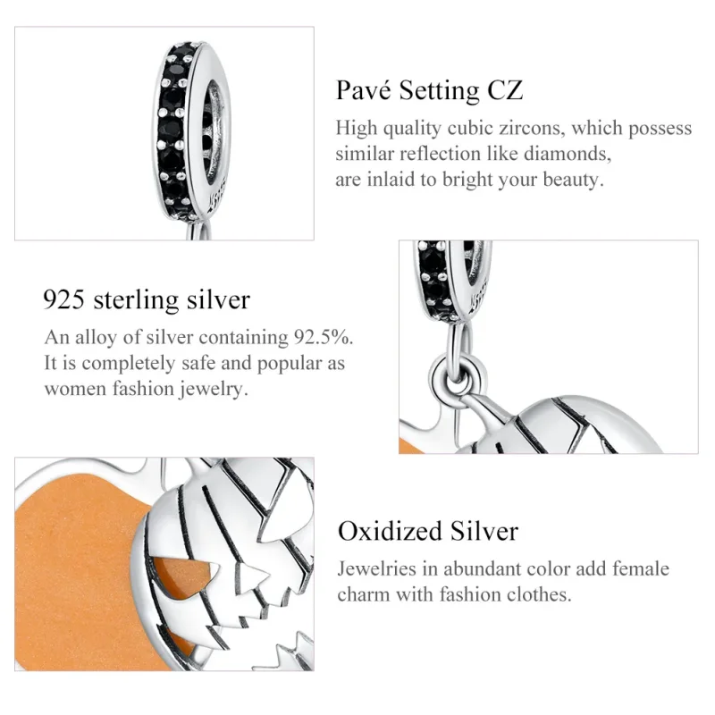 (bilde for) Pandora Style Silver Halloween Evil Pumpkin Smiley Face Dingle - SCC1620 - Vis 5