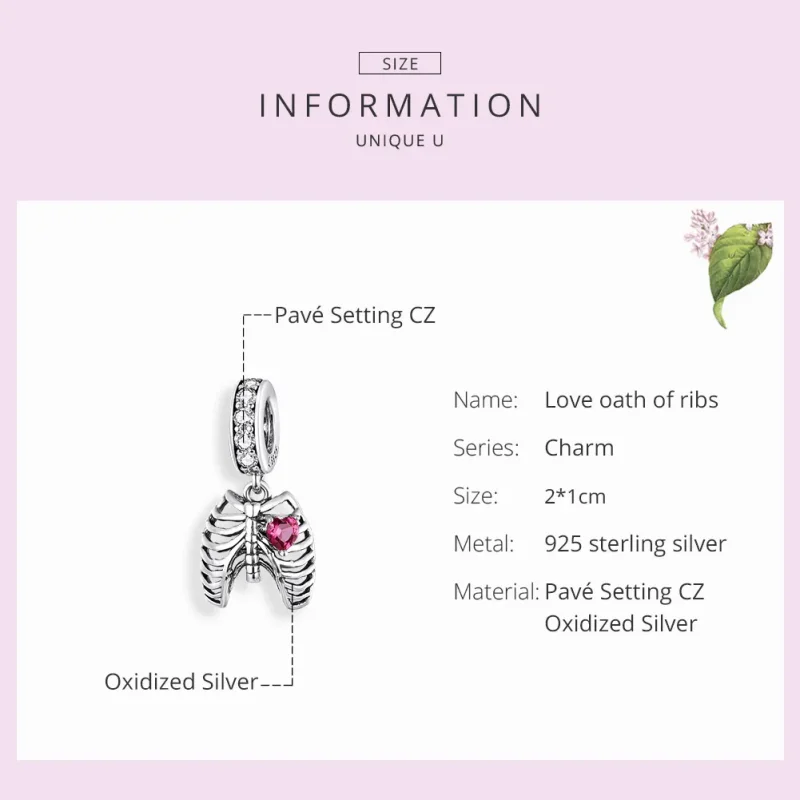 (bilde for) Pandora Style Silver Love Oath of Ribs Dangle - SCC1459 - Vis 7