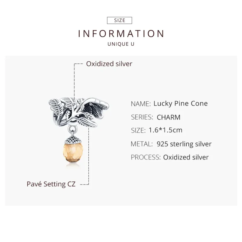 (bilde for) Pandora Style Silver Lucky Pine Cone Dangle - BSC336 - Vis 8