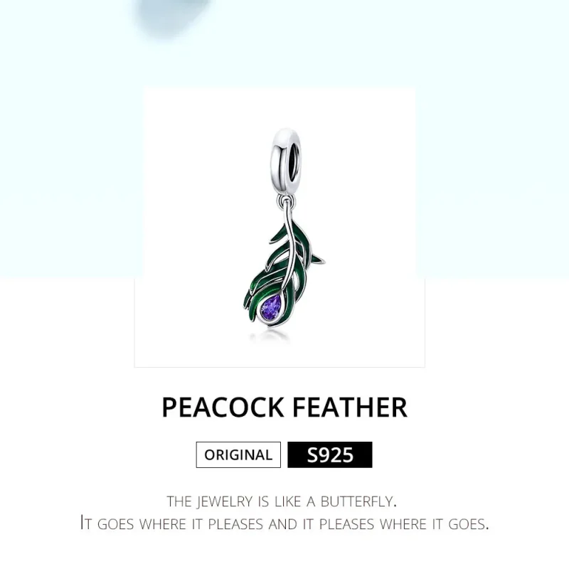 (bilde for) Pandora Style Silver Peakok Feather Dingle - SCC1704 - Vis 6