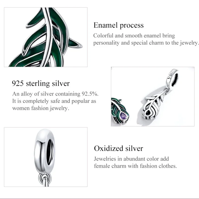 (bilde for) Pandora Style Silver Peakok Feather Dingle - SCC1704 - Vis 7