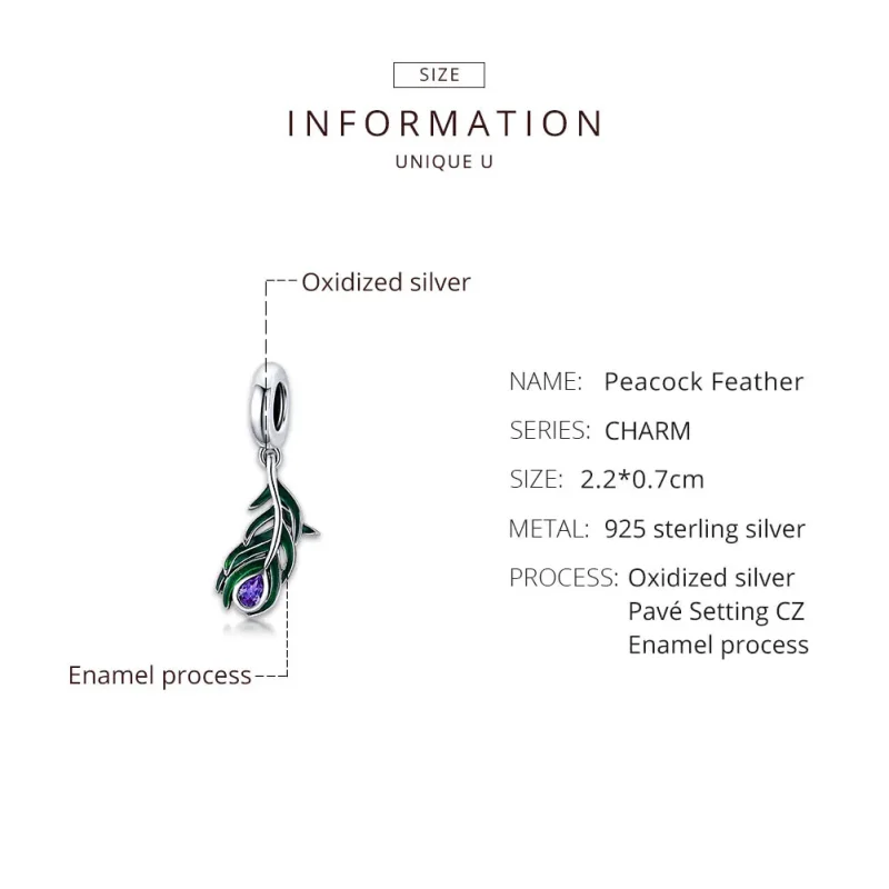 (bilde for) Pandora Style Silver Peakok Feather Dingle - SCC1704 - Vis 8
