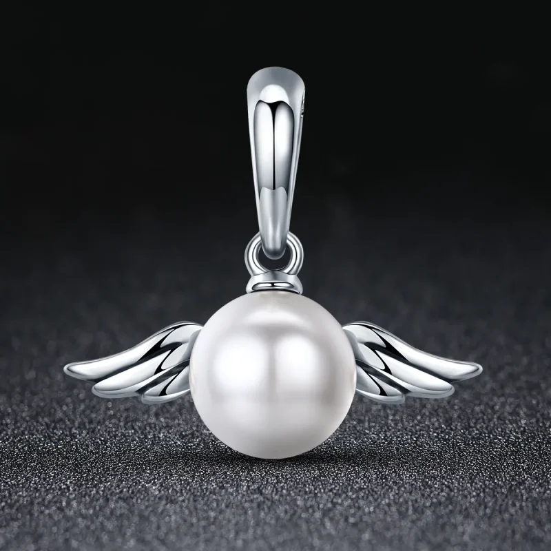 (bilde for) Pandora Style Silver Pearl Angel Wings Dangle - SCC381 - Vis 2