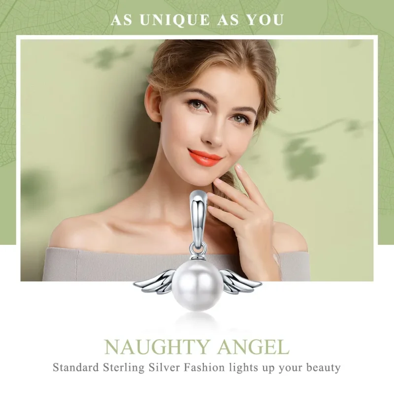 (bilde for) Pandora Style Silver Pearl Angel Wings Dangle - SCC381 - Vis 5