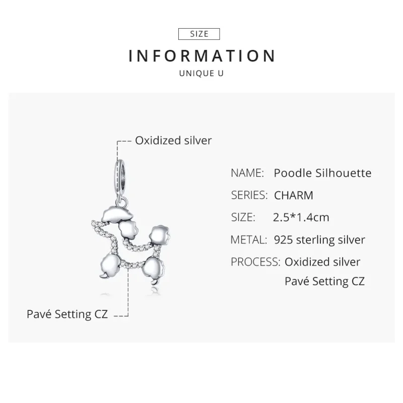 (bilde for) Pandora Style Silver Poodle Silhouette Dangle - SCC1681 - Vis 8