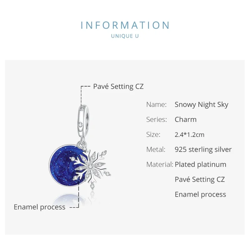 (bilde for) Pandora Style Silver Snowy Night Sky Dangle - BSC367 - Vis 6