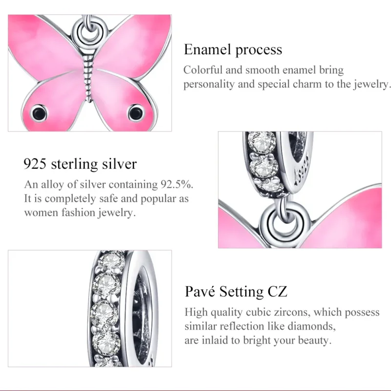 (bilde for) Pandora Style Sølv Rosa Butterfly Dingle - SCC1728 - Vis 7