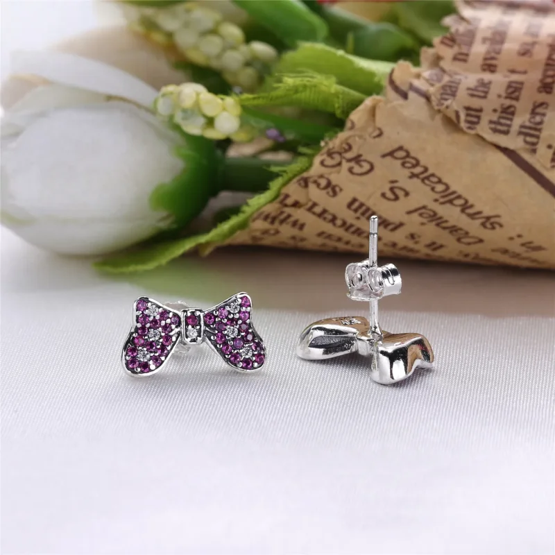 (bilde for) Pandora Disney Minnie bow silver stud earrings with red and clear cubic zirconia - Vis 2