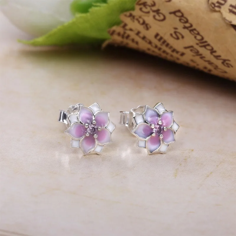 (bilde for) Pandora Magnolia silver stud earrings with pink cubic zirconia, white and shaded - Vis 2