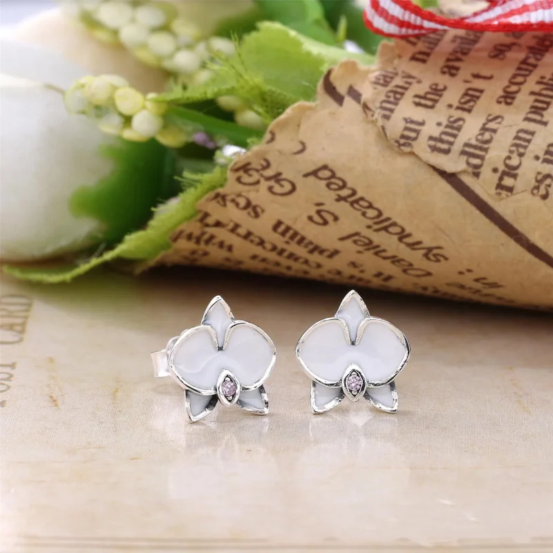 (bilde for) Pandora Orchid silver stud earrings with orchid cubic zirconia and white enamel - Vis 2