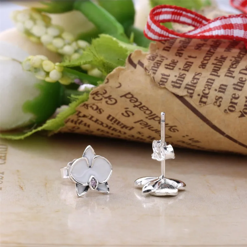 (bilde for) Pandora Orchid silver stud earrings with orchid cubic zirconia and white enamel - Vis 3