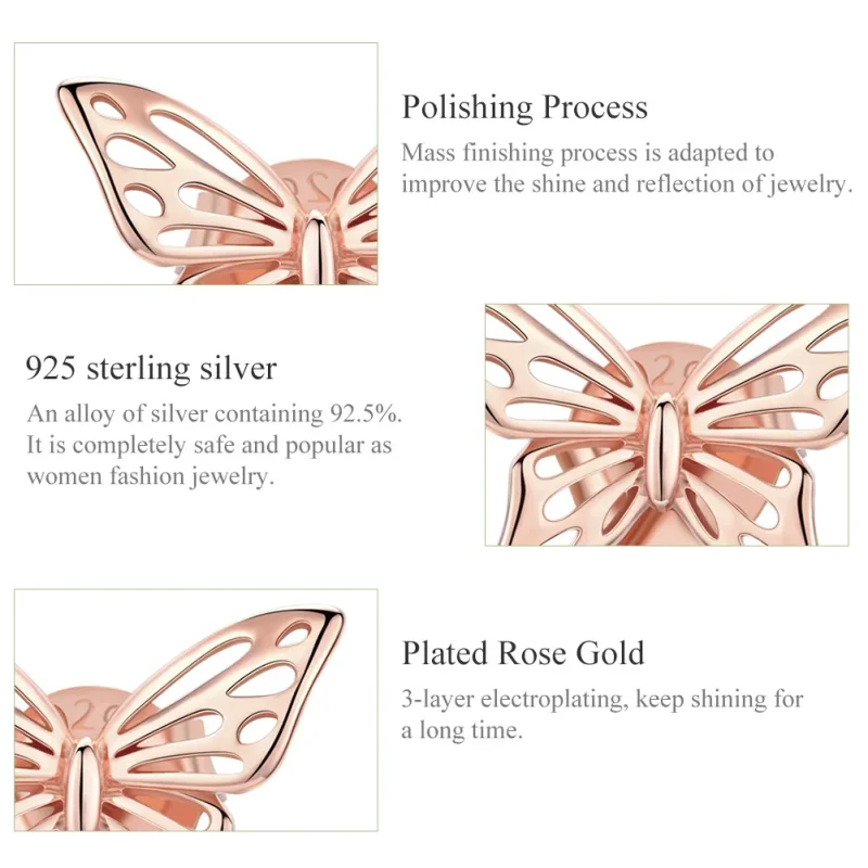 (bilde for) Pandora-stil rosegull sommerfugl øredobber - SCE452-C - Vis 3