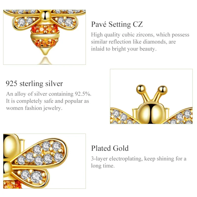 (bilde for) Pandora Style Gullbelagte Reiki Bee Stud øredobber - SCE344-B - Vis 3