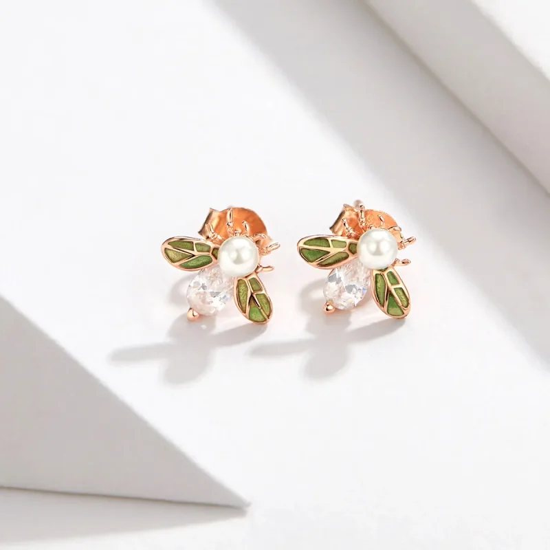 (bilde for) Pandora Style Rose Gold Bee Form med perle øredobber - SCE643 - Vis 2
