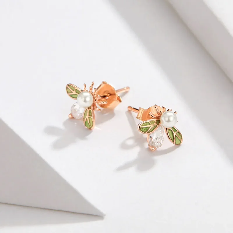 (bilde for) Pandora Style Rose Gold Bee Form med perle øredobber - SCE643 - Vis 4