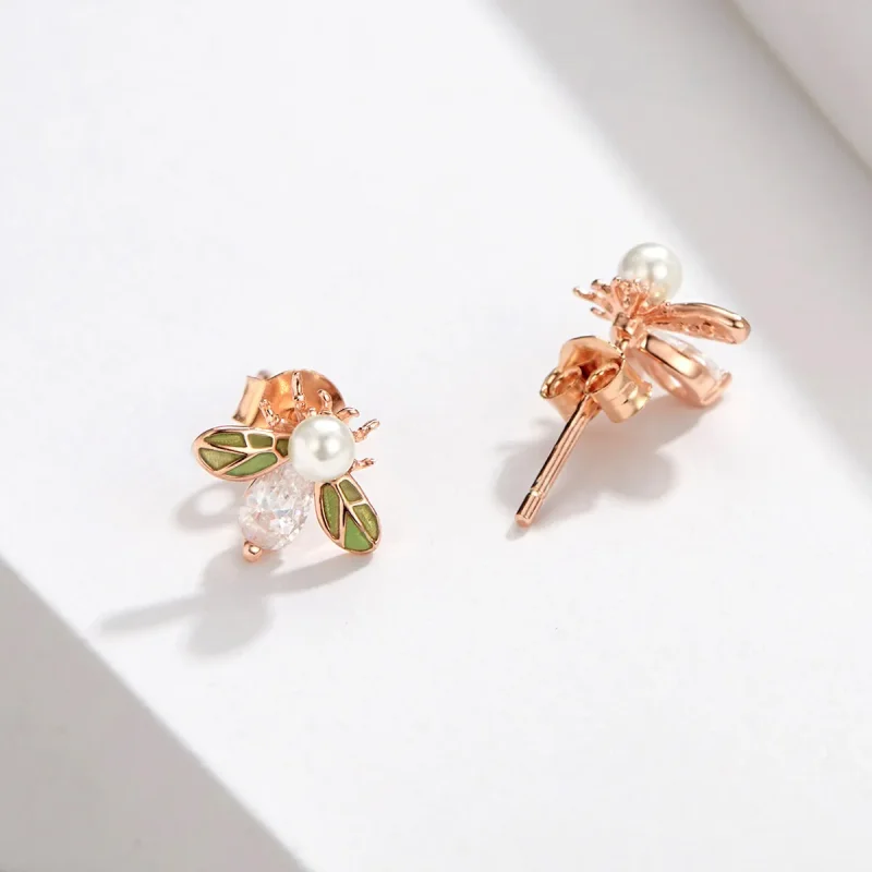 (bilde for) Pandora Style Rose Gold Bee Form med perle øredobber - SCE643 - Vis 5