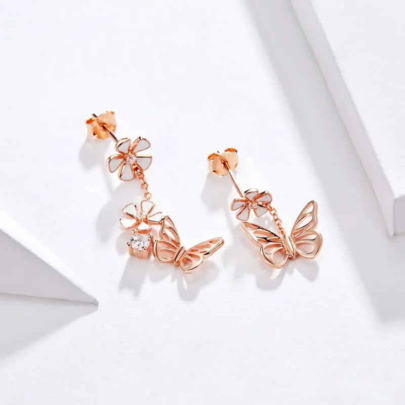 (bilde for) Pandora Style Rose Gold Dancing Butterfly Dingle øredobber - BSE100 - Vis 2