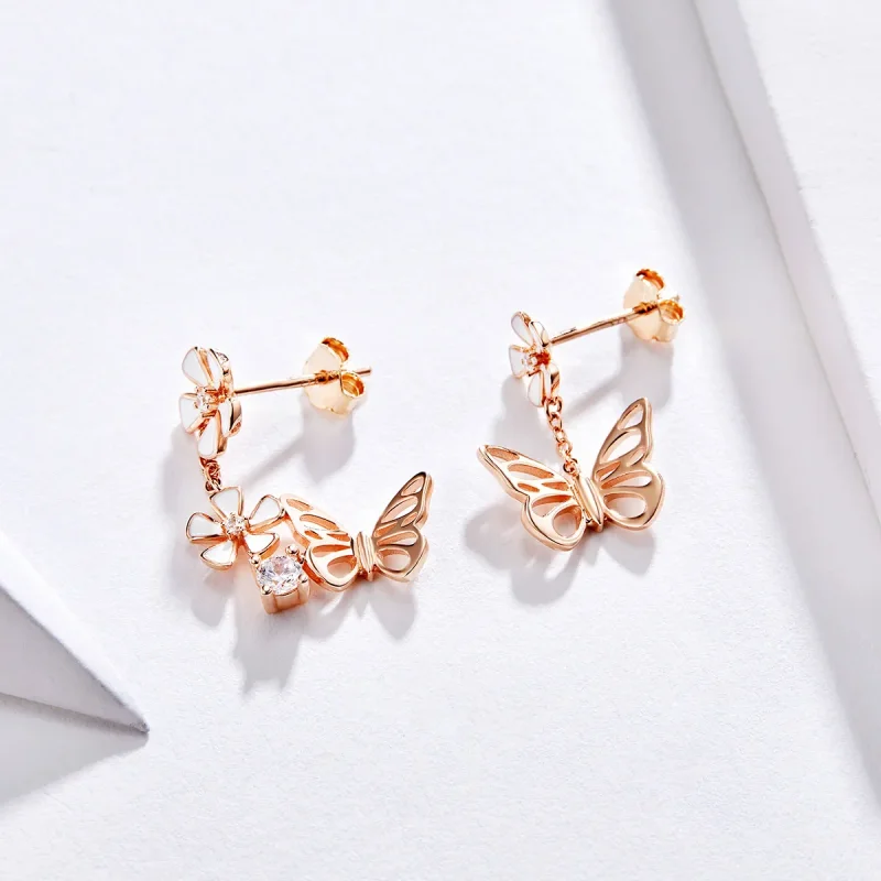(bilde for) Pandora Style Rose Gold Dancing Butterfly Dingle øredobber - BSE100 - Vis 4