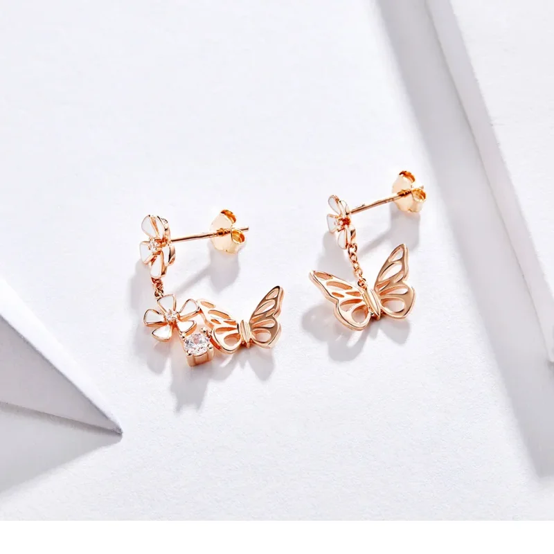 (bilde for) Pandora Style Rose Gold Dancing Butterfly Dingle øredobber - BSE100 - Vis 7