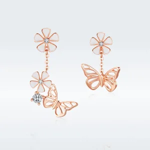 (bilde for) Pandora Style Rose Gold Dancing Butterfly Dingle øredobber - BSE100