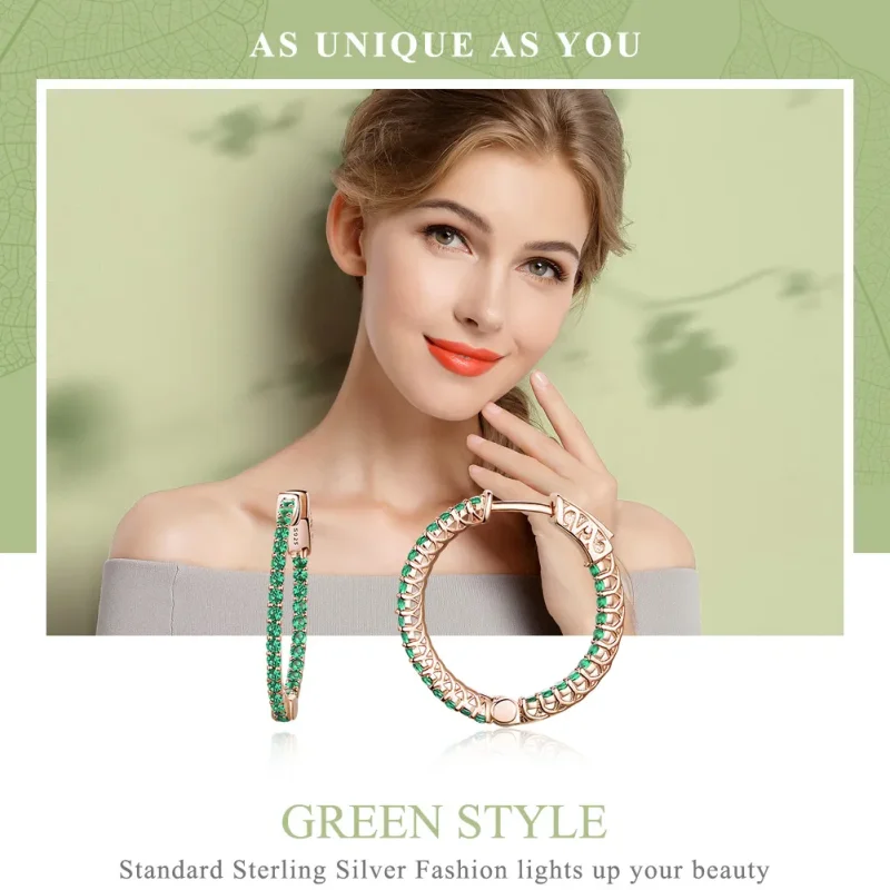 (bilde for) Pandora Style Rose Gold Green CZ Hoop øredobber - SCE511 - Vis 2