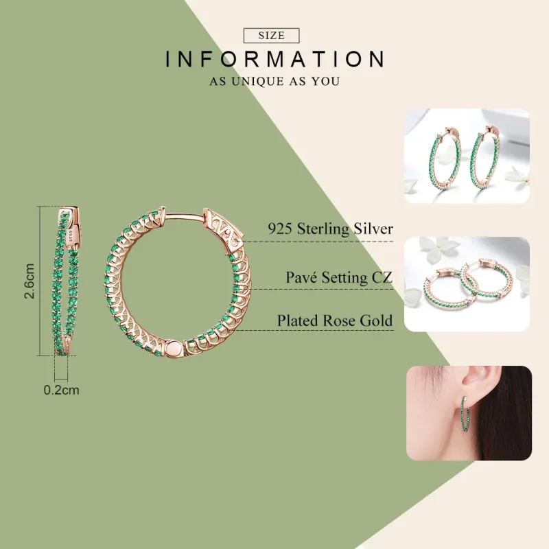 (bilde for) Pandora Style Rose Gold Green CZ Hoop øredobber - SCE511 - Vis 3