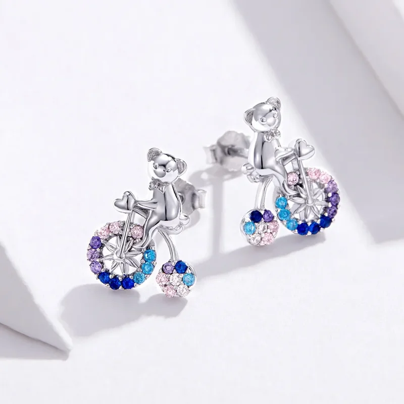 (bilde for) Pandora Style Silver Bike Bear Stud øredobber - SCE677 - Vis 2