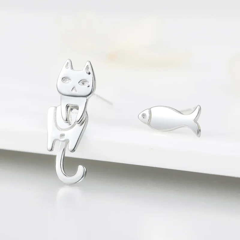 (bilde for) Pandora Style Silver Cat and Fish Stud øredobber - SCE488 - Vis 3