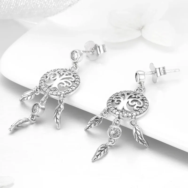 (bilde for) Pandora Style Silver Life Tree & Dream Catcher Hengende øredobber - SCE457 - Vis 2