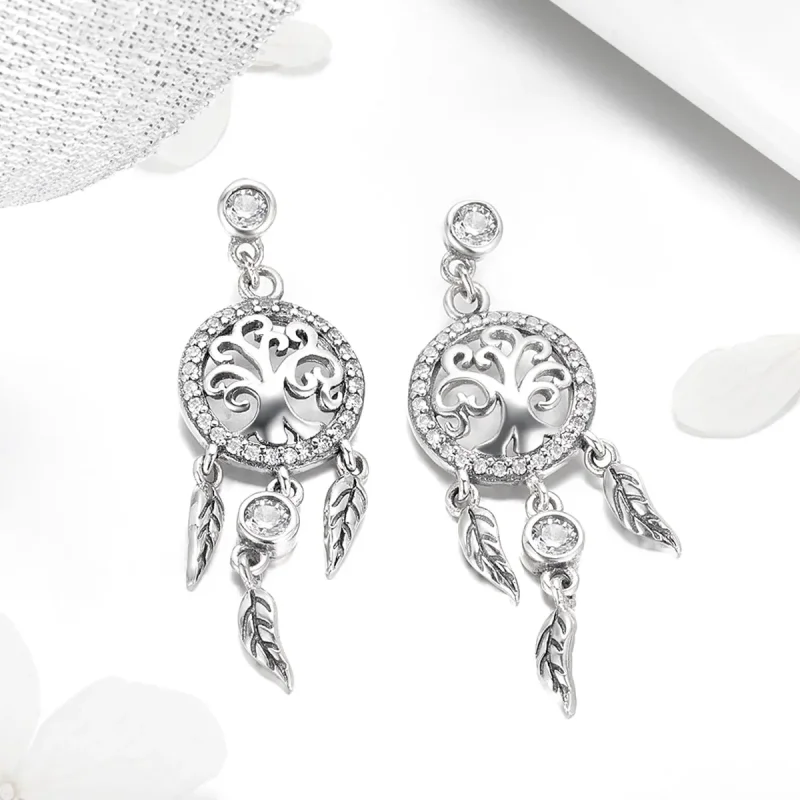 (bilde for) Pandora Style Silver Life Tree & Dream Catcher Hengende øredobber - SCE457 - Vis 3