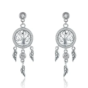 (bilde for) Pandora Style Silver Life Tree & Dream Catcher Hengende øredobber - SCE457