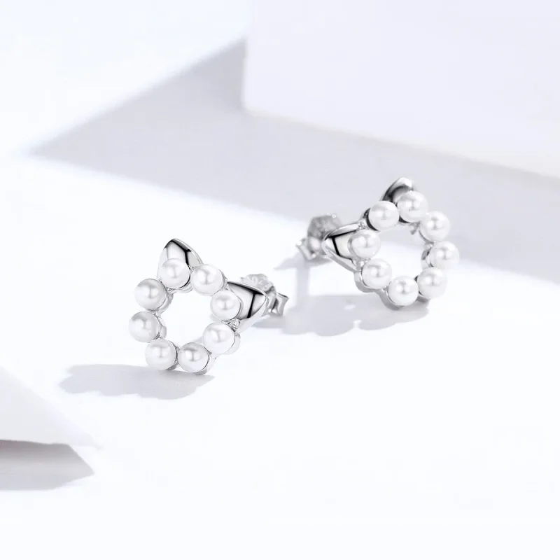 (bilde for) Pandora Style Silver Pearl Cat Stud øredobber - SCE688 - Vis 4