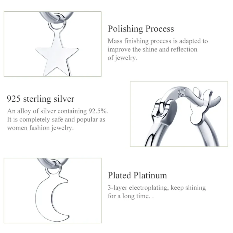 (bilde for) Pandora Style Silver Star and Moon Asymmetri Hanging Earrings - SCE681 - Vis 3