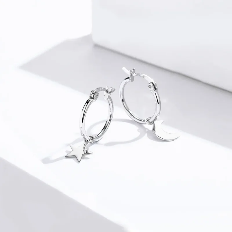 (bilde for) Pandora Style Silver Star and Moon Asymmetri Hanging Earrings - SCE681 - Vis 4